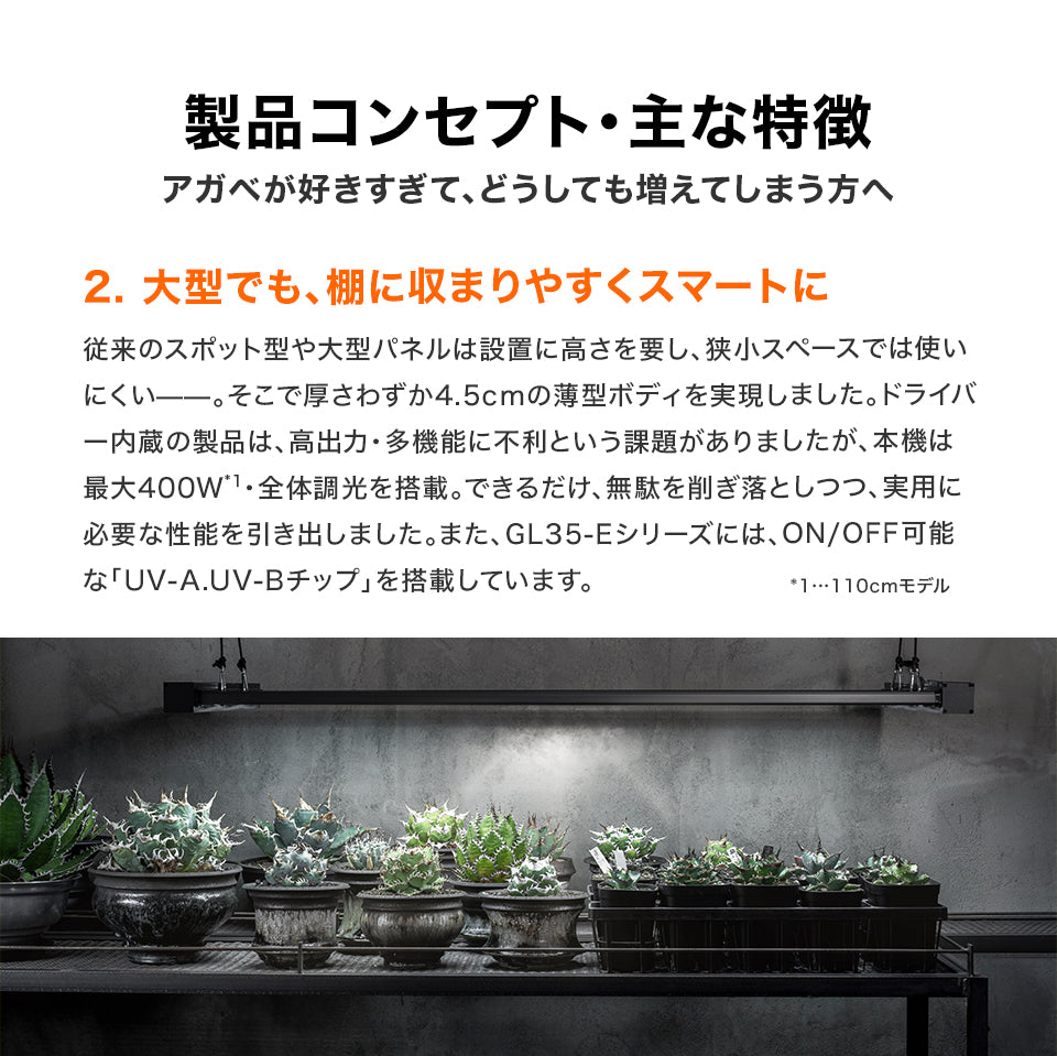 【9/15入荷予定】LED Glow Light GL45シリーズ 植物育成ライト 400W 36cmモデルに比べて1.5倍の照射範囲(奥行70cm × 110~150cm)